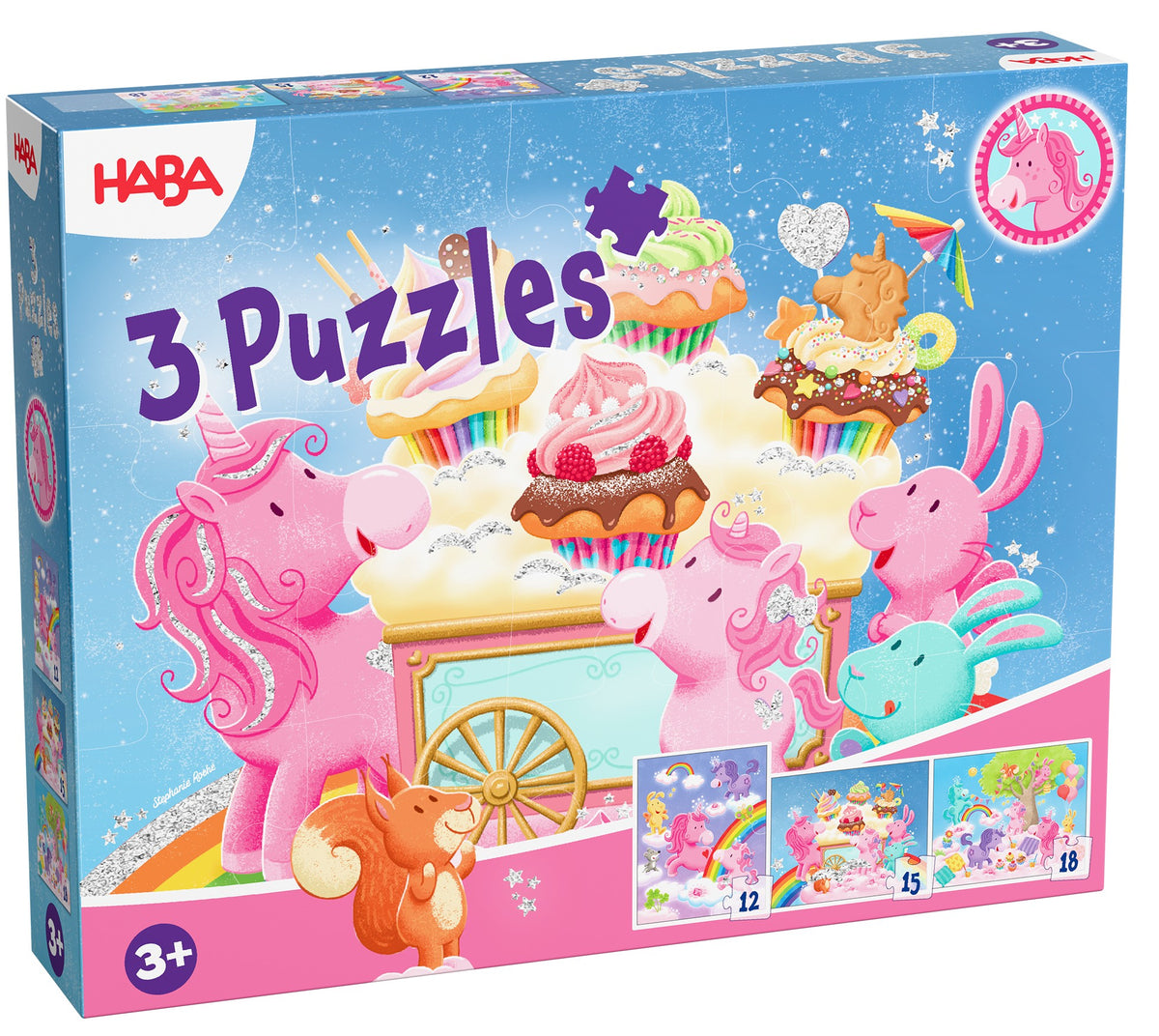 3-in-1-Puzzel Eenhoorn Flonkerglans Cupcakes