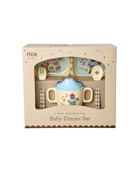 Melamine babydinerset in geschenkverpakking - Blauwe muziekbandprint