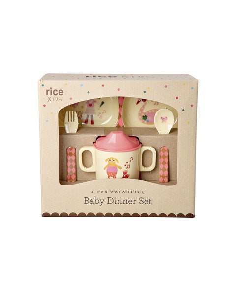 Melamine babydinerset in geschenkverpakking - Roze muziekbandprint