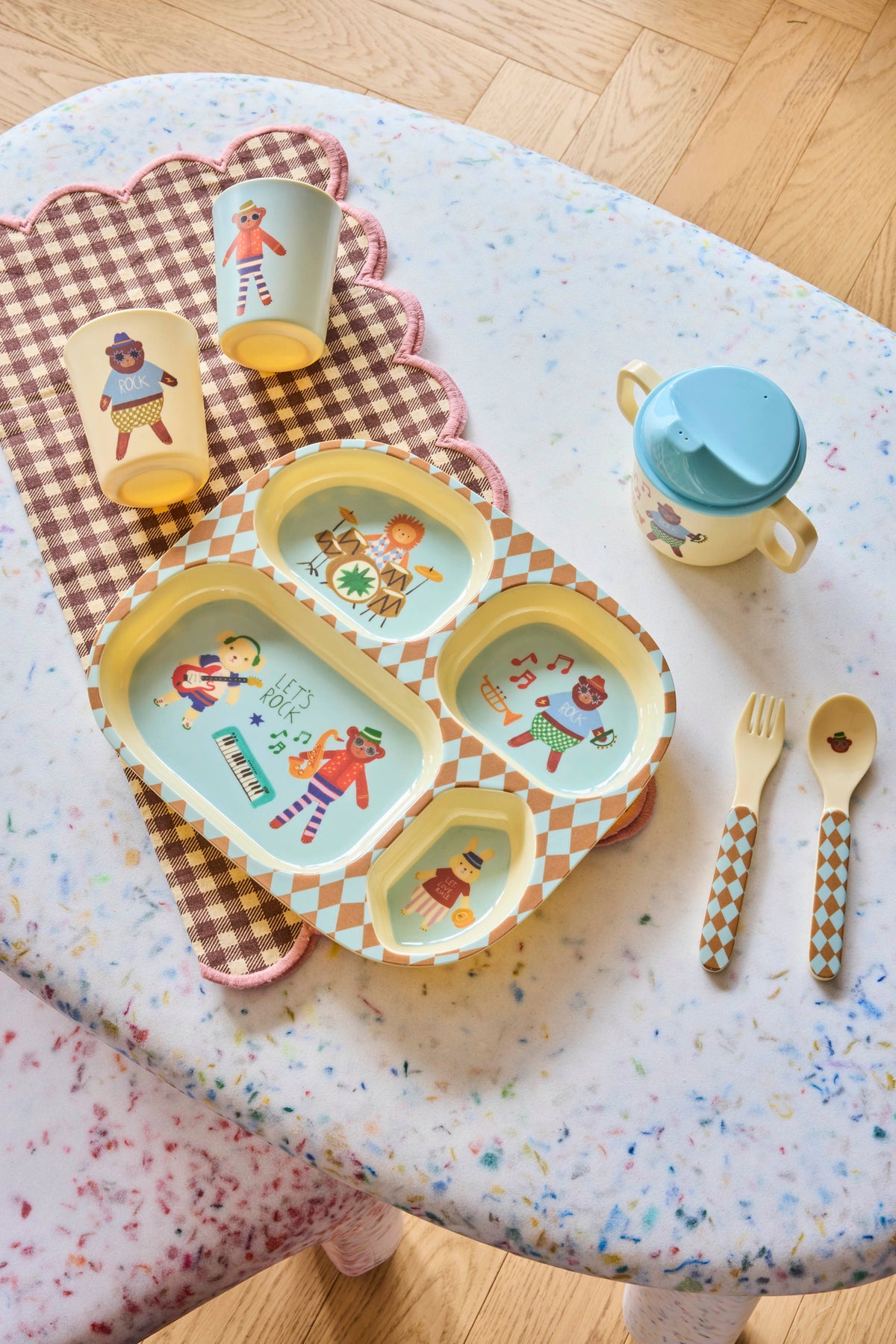 Melamine babydinerset in geschenkverpakking - Blauwe muziekbandprint