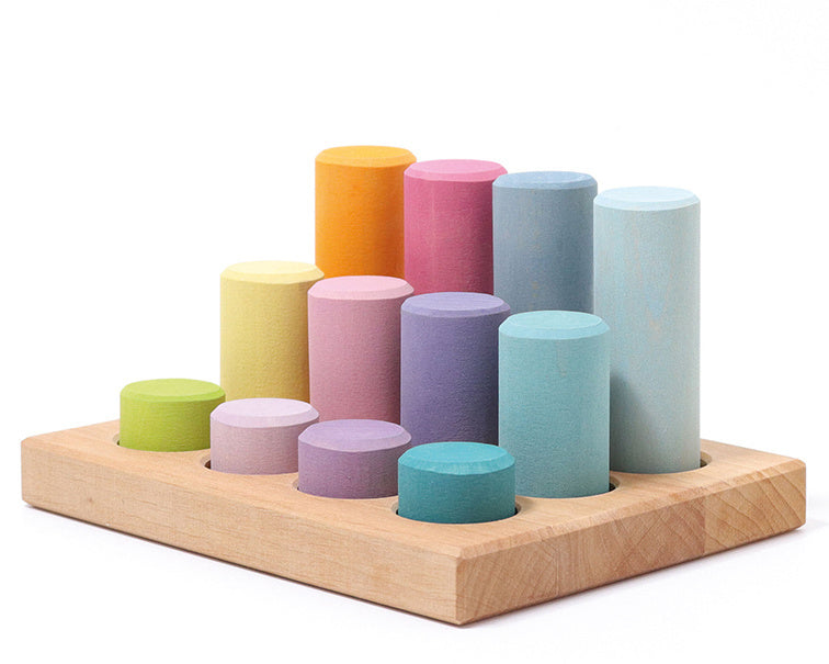 Grimm's Stapel- en sorteerspel pastel rollers in sorteerbord