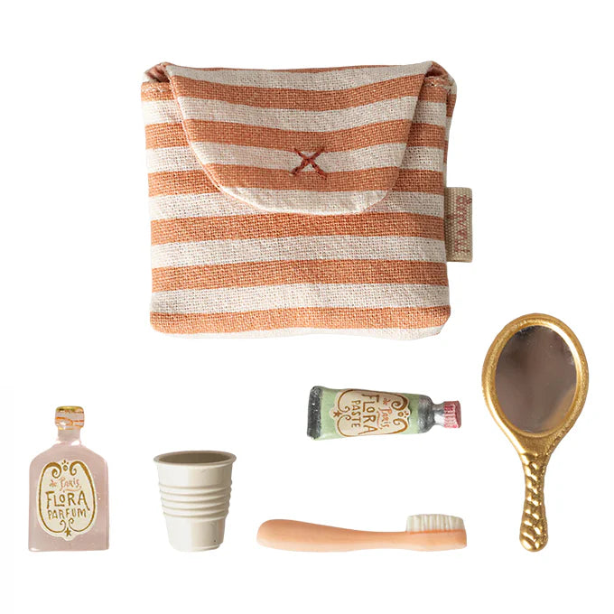 Maileg Toothbrush set in bag, Mouse - Coral stripe