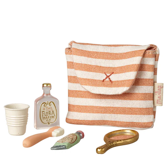 Maileg Toothbrush set in bag, Mouse - Coral stripe
