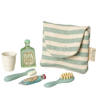 Maileg Toothbrush set in bag, Mouse - Blue stripe