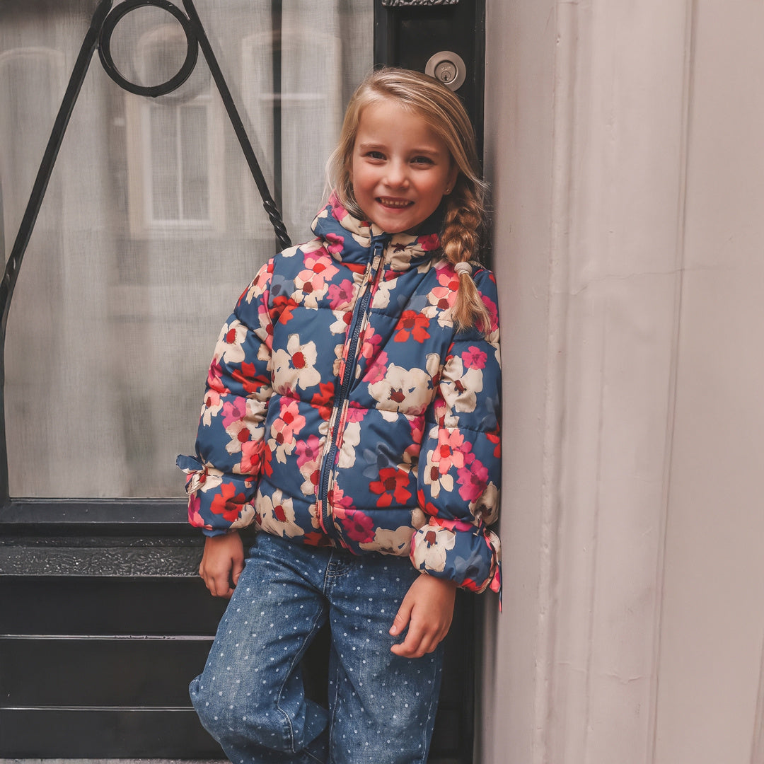 Your Wishes Floating Daisy Tie Puffer Coat Insignia Blue
